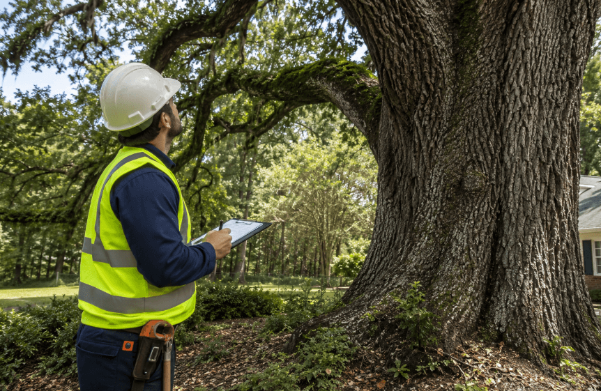 Professional arborist assessing a large oak tree in Callahan, Florida, for removal.